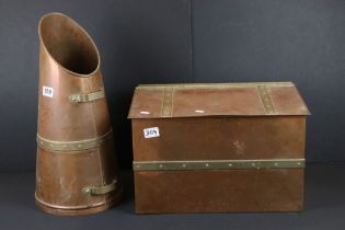 Early 20th Century copper and brass log box, together with copper and brass coal scuttle. Box