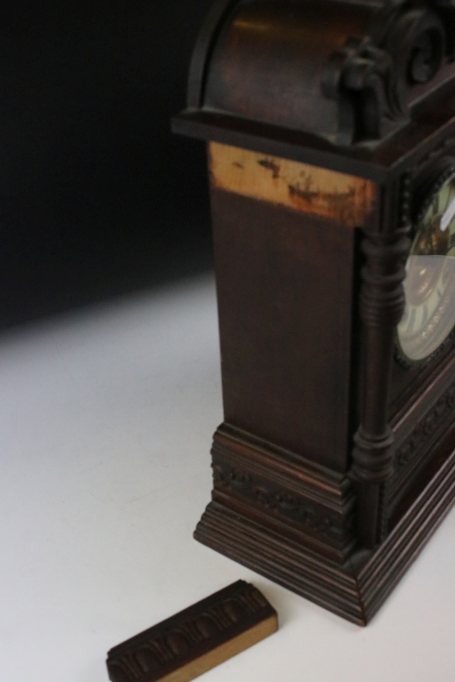 Early 20th century carved wooden chiming mantle clock, with cream dial, Roman numerals & Ansonia - Image 3 of 4