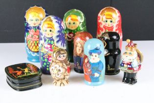 A collection of Russian stacking dolls to include 'Deep Purple' together with a lacquer ware trinket