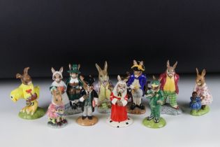 Ten Bunnykins figurines to include nine by Royal Doulton and one by Royal Albert. Figures to include