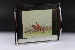 Art Deco Chrome Twin Handled Serving Tray, the mirrored surface inset with a hunting scene