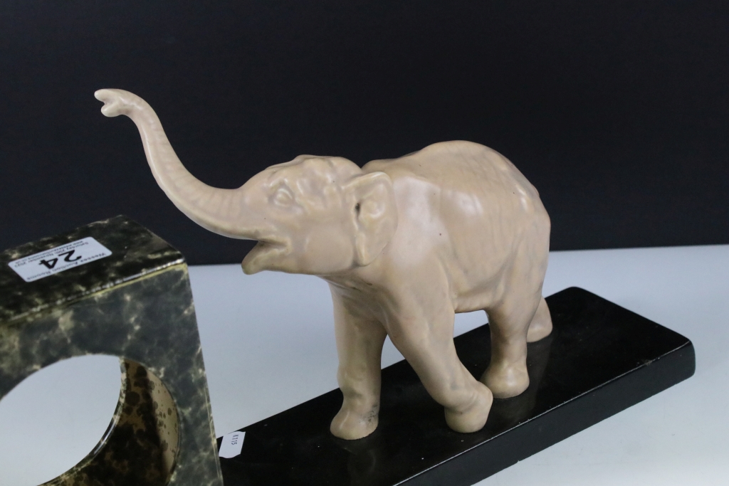 Art Deco Ceramic Clock Holder, the slate base surmounted by an Elephant, 44cm long x 22cm high - Image 4 of 5