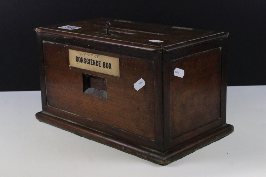 Early 20th century church conscience / honesty box, of rectangular form, with key. Approx 33cm wide - Image 4 of 5
