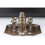 Eastern silver plated cocktail set with shaker, 6 drinking vessels and tray with floral