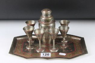Eastern silver plated cocktail set with shaker, 6 drinking vessels and tray with floral