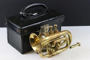 Brass piccolo / pocket cornet with mother of pearl keys, cased