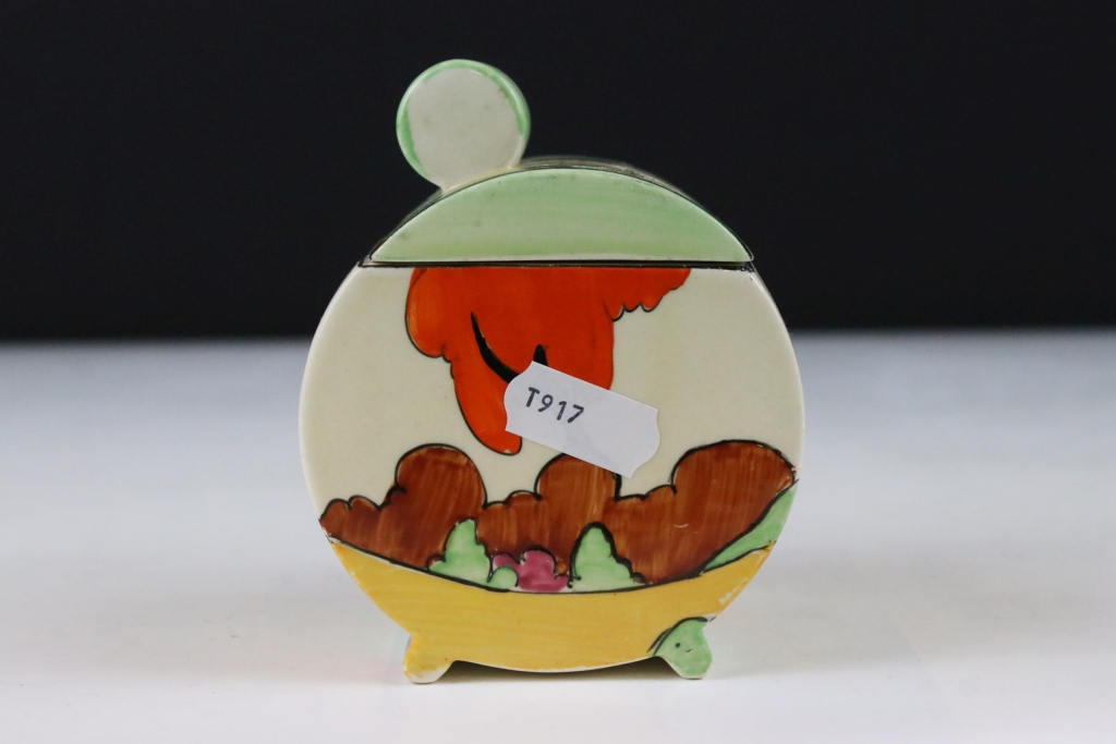 Clarice Cliff Fantasque Newport Pottery sugar dish of round form being hand painted with orange - Image 3 of 7