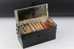 1960's stage makeup set, housed within a cantilever tin box, mirror to lid interior. Measures approx