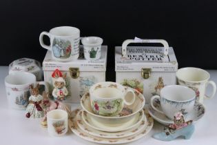 Assorted Beatrix Potter and bunnykins ceramics and books to include Royal Doulton figures, bunnykins