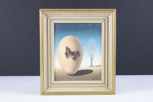 Norman Black (1920-1999) - oil on board painting depicting a moth perched on an egg in a surreal