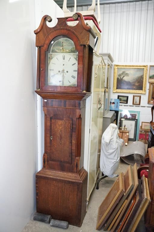 19th century 8 day Longcase Clock, constructed of mixed woods, the arched painted face decorated