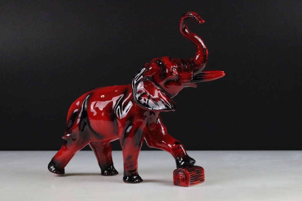 Peggy Davies flambe elephant ceramic figurine, modelled with trunk raised. Printed marks to - Image 2 of 6