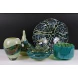 Five Mdina glass ornaments to include Crystal Blue Stripe bowl, two strata pattern vases, Ming