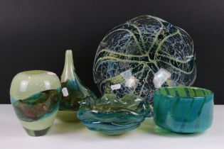 Five Mdina glass ornaments to include Crystal Blue Stripe bowl, two strata pattern vases, Ming