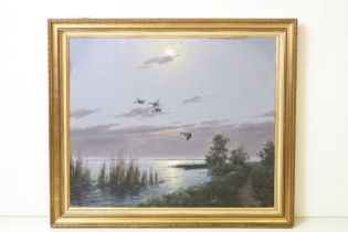 G Van De Velda (a.k.a. Gien Brouwer, Dutch), ducks in flight, by full moon, oil on canvas, signed,