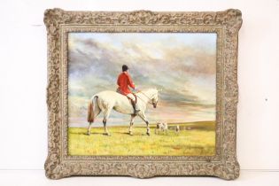 Phillip Sanders (b. 1938), ' On The Marsh, East Kent Hunt ', depicting mounted huntsman and