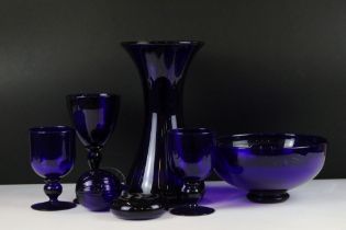 Group of Bristol blue glassware to include a pair of rummers (13.5cm high), wine goblet, fruit bowl,