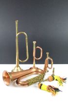 Copper & brass bugle with braided tassels, together with a brass trumpet (37cm long), and two