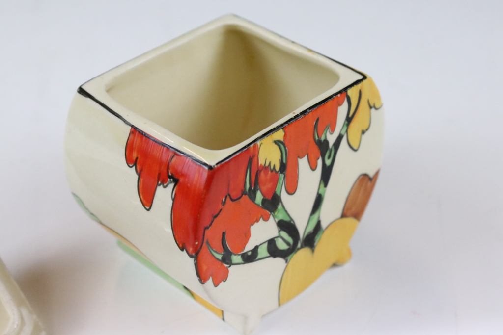 Clarice Cliff Fantasque Newport Pottery sugar dish of round form being hand painted with orange - Image 6 of 7