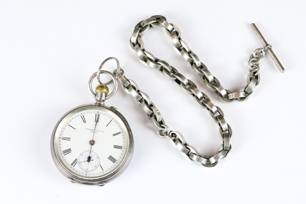 A fully hallmarked sterling silver cased pocket watch complete with silver chunky link albert - Image 2 of 11