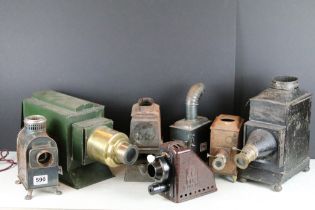Seven 19th Century Victorian tin plate and brass magic lantern slide projectors to include ' Boys