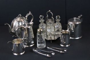Collection of silver plate to include Philip Ashberry & Sons tea pot, tea set and cruet set with cut