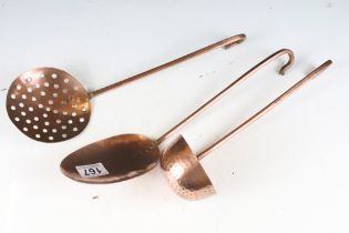 Set of Three Copper Hanging Utensils, longest 40cm