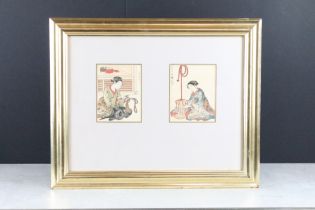 Tachibana Minko, pair of Japanese woodblock portraits of women artisans, framed as one, 12.5cm x 9.