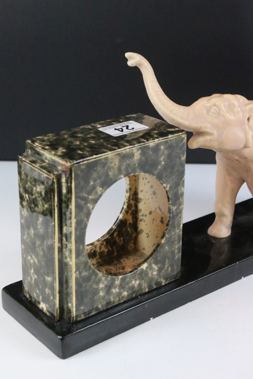 Art Deco Ceramic Clock Holder, the slate base surmounted by an Elephant, 44cm long x 22cm high - Image 3 of 5