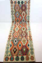 Hand Knotted Woolen Chobi Kilim Runner Rug, 293cm x 86cm