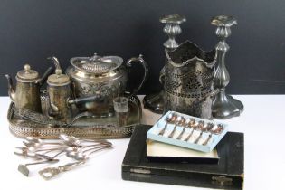 Collection of silver plate to include a pair of pewter candle sticks, two chocolate pots, tray,