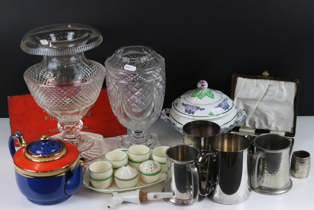 Assorted items to include two cut crystal vases (unsigned), Bristol pottery lidded tureen, Crown