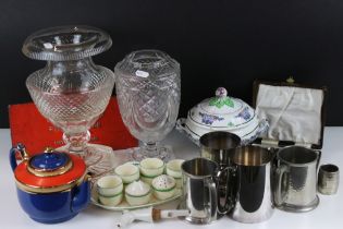 Assorted items to include two cut crystal vases (unsigned), Bristol pottery lidded tureen, Crown