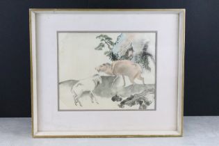 Chinese School, framed woodblock / watercolour study of mountain goats in a landscape, 26cm x 32.