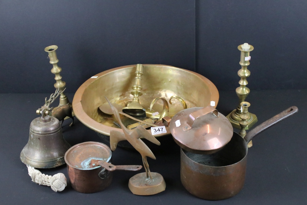 Collection of 19th Century and later metal wares to include a large copper bowl, copper sauce