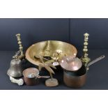 Collection of 19th Century and later metal wares to include a large copper bowl, copper sauce