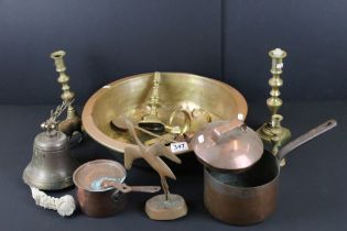 Collection of 19th Century and later metal wares to include a large copper bowl, copper sauce