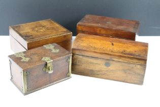 Four early 20th century wooden boxes / tea caddies to include a mahogany tea caddy (20cm wide),