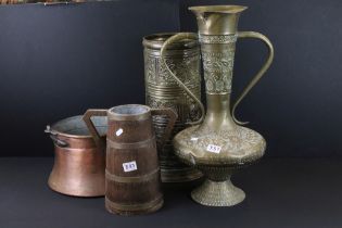 19th century metal wares to include a brass twin handled vase with hammered detailing, brass