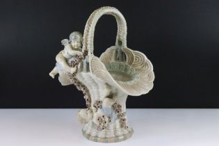 Czech Amphora ceramic basket featuring two applied cherubs and floral sprays. Marked Amphora, made