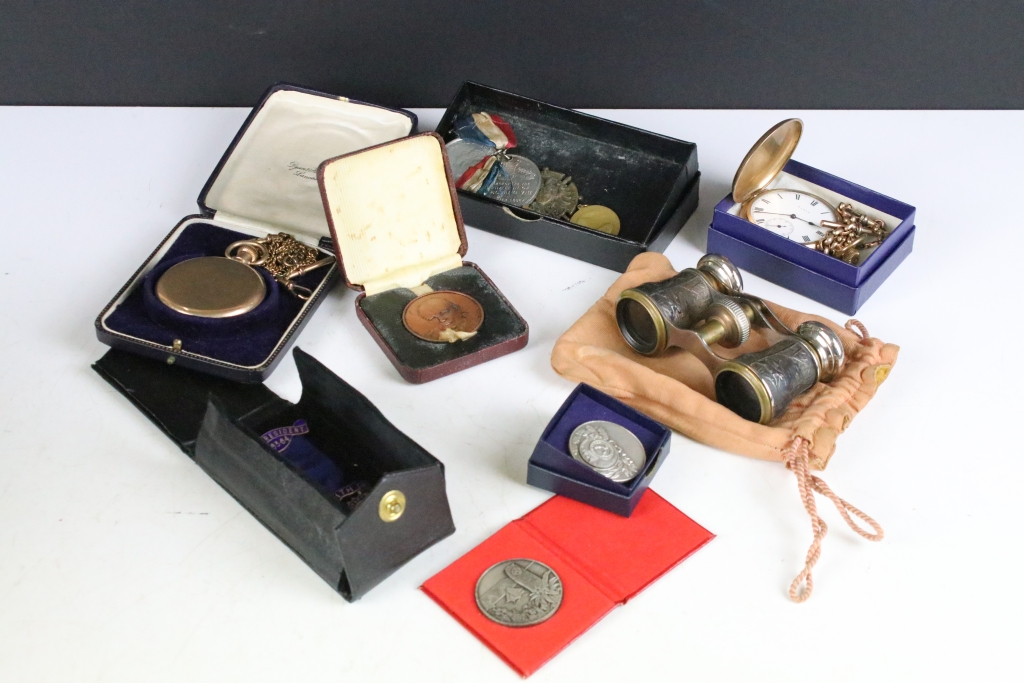 A small group of mixed collectables to include two gold plated pocket watches with albert chains and