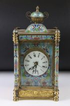 Gilt and cloisonne mantle clock, the circular enamel dial with Roman numerals, the case with