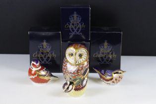 Four Royal Crown Derby gold stopper paperweights to include a large owl, bluetit, chaffinch and