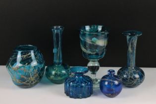 Six Mdina glass vases including the Blue Summer and Blue Crizzle patterns. Tallest measures approx