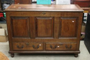 18th century Oak Mule Chest, the hinged lid above a three panel front with two drawers below,