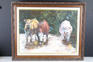 Denise Manning, ' Cattle Drinking' oil on canvas, signed lower left, title label verso, 44 x 59.5cm,