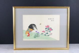 Gokusaishikiki Kacho Zuhiki (b.1846), Japanese signed woodblock of a rooster and butterfly amongst