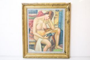 Modernist pensive seated nude female, oil, 51cm x 41.5cm, gilt framed