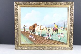 English School, shire horses ploughing with mounted huntsmen and hounds, oil on board, signed
