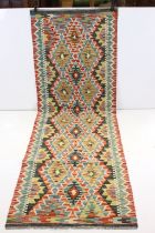 Hand Knotted Woolen Chobi Kilim Runner Rug, 245cm x 81cm